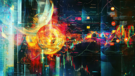 Vivid colors and shapes overlap to show digital trading trends. Bright lines and graphs depicting market activity, conveying energy and dynamism.の素材