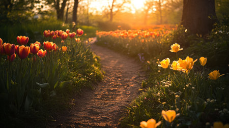A marathon trail means through vibrant tulips in a peaceful countryside setting, illuminated by the warm glow of the setting sun. The scenery is serene and inviting.の素材