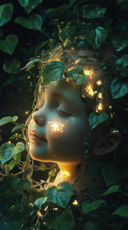 A child with glowing features is nestled among vibrant green leaves, creating a magical atmosphere. The soft light enhances the mystical setting, capturing a serene moment in nature.の素材
