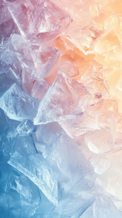 Delicate ice shards display a beautiful gradient, transitioning from cool blue hues to soft peach tones, creating a tranquil visual effect perfect for relaxation or design inspiration.の素材