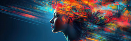 A glowing woman with vibrant, swirling colors surrounding her captures an otherworldly essence, conveying emotion and creativity in a dreamlike setting.の素材