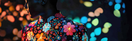 A man stands in profile, showcasing a beautifully embroidered floral shirt. The backdrop is filled with an array of vivid colors, creating an energetic atmosphere that highlights his unique style.の素材