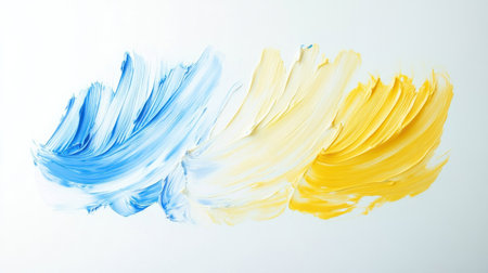 Brush strokes in blue, yellow, and white exhibit a vibrant artistic expression against a clean white backdrop. This colorful composition showcases abstract creativity and fluidity.の素材
