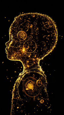 A child stands silently, illuminated by golden light that reflects intricate patterns and designs. The vibrant glow creates a stunning contrast against the dark background, highlighting creativity.の素材