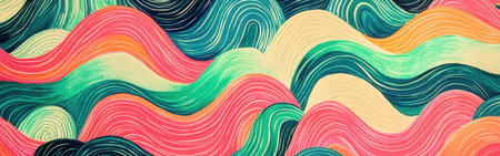 Colorful wave patterns in lime green and turquoise flow together, creating a vibrant and lively visual experience. The design features smooth, intermingling lines that evoke movement and energy.の素材