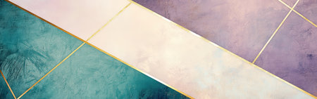 Soft lavender and teal pencil strokes intersect elegantly, adorned with golden lines. The composition expresses a refined and tranquil atmosphere, ideal for modern decor.の素材