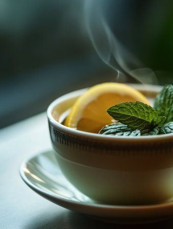 A close-up view showcases a steaming cup of green tea adorned with a fresh mint leaf and a lemon slice. The warm tones enhance the inviting atmosphere in the cozy setting.の素材