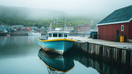A fishing boat is securely docked at a wooden pier in a serene harbor surrounded by quaint coastal buildings, enveloped in a gentle morning fog.の素材