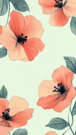 Delicate coral flowers are hand-drawn on a soft pale background, capturing their elegance and intricate features against a tranquil canvas, evoking a sense of calm.の素材