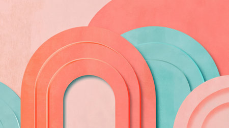 Pastel coral and teal arcs layer elegantly, forming an abstract design. The colors blend harmoniously against a soft background, creating a tranquil visual experience.の素材