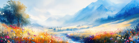Calm waters reflect stunning peaks as a colorful meadow blooms with wildflowers in early morning. Gentle light adds warmth to the tranquil scene of nature's beauty.の素材