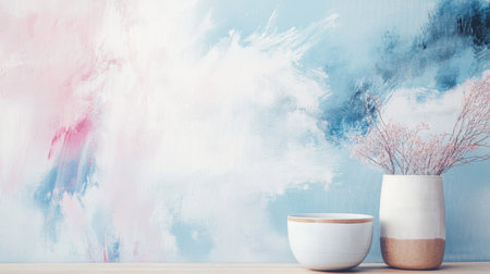 Pastel blue and pink brushstrokes blend harmoniously on the wall, while simple white ceramic bowls and a vase filled with delicate branches enhance the tranquil ambiance.の素材