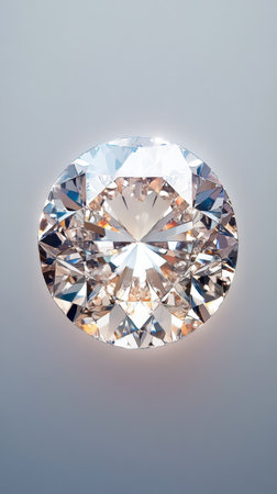 A round diamond is displayed in close-up, revealing its sparkling brilliance and detailed facets. The light enhances its clarity against a soft, neutral backdrop, highlighting its exquisite design.の素材