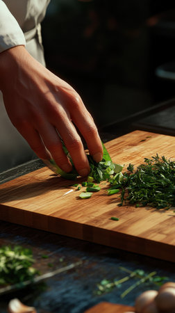 Fingers expertly slice through vibrant green herbs, producing a fine chop on a wooden board. The atmosphere of a busy kitchen enhances the culinary artistry of the moment.の素材