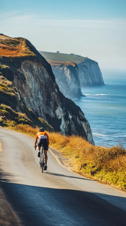 A cyclist navigates a winding road beside towering cliffs. The sun illuminates the vibrant landscape, while the ocean's waves crash against the rocky shore.の素材