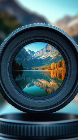 This close-up view features a camera lens that beautifully captures a reflection of majestic mountains and colorful autumn trees over a serene lake.の素材