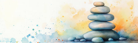 A tranquil arrangement of smooth stones stacked neatly on top of one another, set against a calming watercolor backdrop filled with soft tones and delicate splashes, evoking peace and mindfulness.の素材