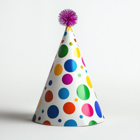 This colorful party hat features a playful polka dot design and a purple pom-pom on top, perfect for celebrating birthdays or special events with friends and family.の素材