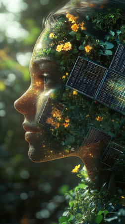 A woman's profile merges seamlessly with greenery and flowers, showing elements of technology. This artistic depiction represents harmony between nature and innovation.の素材