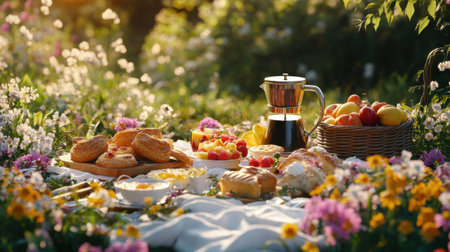 Gathered on a sunny morning, friends delight in a picnic featuring an array of fresh fruits, pastries, and coffee, all set on a blanket in a flower-filled meadow.の素材