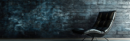 A sleek black chair with a minimalist design is positioned near a deep charcoal gray brick wall. The wall features hints of color variations, adding texture to the setting.の素材
