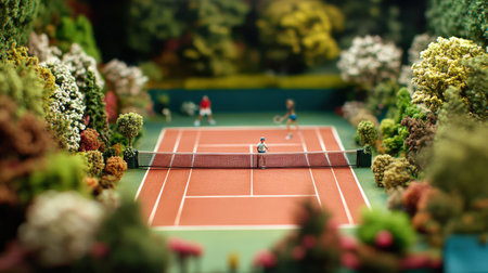 Players engage in a thrilling doubles match on a clay court, surrounded by colorful shrubs and trees, showcasing skill and teamwork in a picturesque setting.の素材