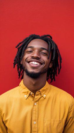 A young man with medium brown skin and stylish dreadlocks smiles confidently in front of a bold red backdrop. His mustard-yellow shirt adds warmth and energy to the joyful moment captured.の素材