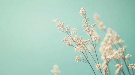 Soft, delicate flowers stand gracefully against a mint-hued background, highlighting their intricate details and evoking a sense of calm and serenity.の素材
