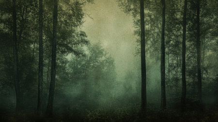 Dense fog blankets a serene forest, creating an enchanting atmosphere as trees tower above. The rich green hues add depth to this tranquil setting during twilight.の素材