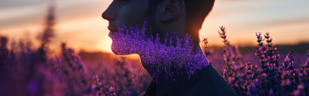 Silhouette of a man stands amidst vibrant lavender plants during sunset, with colorful light enhancing the serene atmosphere in the background.の素材