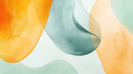 Curved forms filled with soft oranges and blues interact gracefully, showing an elegant arrangement of pencil strokes that evoke movement and tranquility.の素材