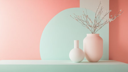 Soft pastel tones of peach and mint form graceful shapes in a serene setting. Two vases, one white and one pink, hold delicate branches, adding a touch of nature to the decor.の素材