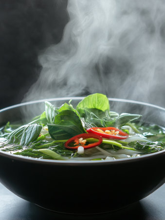 A steaming bowl of pho showcases fresh herbs, bright red chilies, and flavorful broth. The close-up emphasizes the enticing aroma and colorful ingredients, inviting a delicious experience.の素材