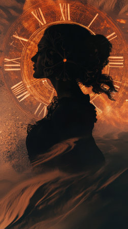 A woman stands in profile, her features softly illuminated by a warm glow. Behind her, a cosmic clock adds depth, merging elegance with a sense of eternity.の素材