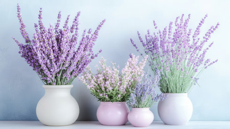 Vibrant lavender and soft pink flowers gracefully fill stylish vases, creating a harmonious display. This serene arrangement complements the gentle pastel backdrop.の素材