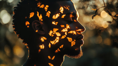 Sunlight filters through leaves, casting intricate patterns on the profile of a man standing peacefully in a natural, outdoor environment during golden hour.の素材