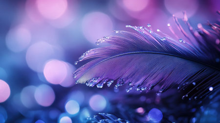 A delicate feather rests adorned with glistening droplets, set against a soft background of deep indigo and vibrant violet hues that evoke a serene twilight atmosphere.の素材