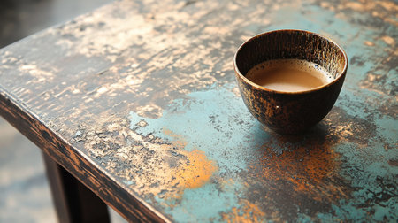 A rustic bowl filled with a warm beverage sits on a weathered metallic surface, showing vibrant tones and textures in a cozy indoor setting during the afternoon.の素材