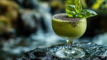 A creamy avocado smoothie is presented in a sleek glass, topped with basil leaves, amidst a tranquil backdrop of flowing water and lush greenery. Perfect for a refreshing treat.の素材