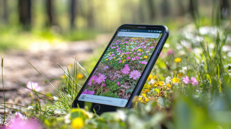 A mobile device lies on the ground, displaying a colorful app dedicated to spring flowers. Surrounding it are blooming wildflowers and lush greenery in a serene forest environment.の素材