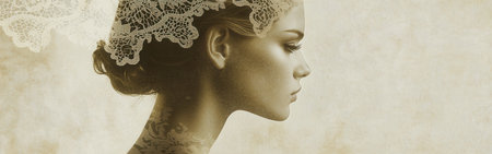 A woman with a gentle expression is captured in profile, illuminated by soft lighting, her delicate lace headpiece adding elegance to the serene atmosphere.の素材