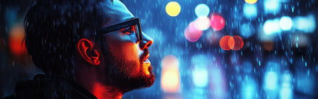 A man gazes thoughtfully into the distance, his face softly illuminated by vibrant city lights against a backdrop of falling rain. The ambiance conveys a sense of calm and reflection.の素材