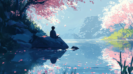 At a peaceful lakeside, a person finds solace while journaling on a rock. Surrounded by vibrant cherry blossoms and calm water, this serene setting inspires reflection and creativity.の素材
