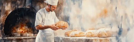 A baker in a rustic kitchen pulls out golden-brown loaves from a stone oven, showing the warmth and authenticity of freshly baked bread in a candid moment.の素材