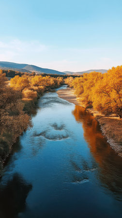 A serene river meanders through a picturesque valley adorned with vibrant golden trees, creating a peaceful retreat. The clear blue sky enhances the tranquil atmosphere of this beautiful landscape.の素材