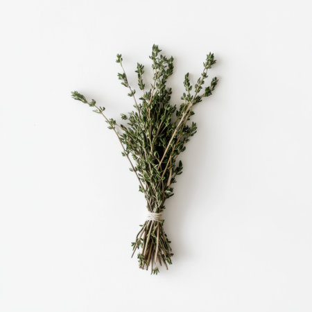 A fresh bundle of thyme sprigs lies flat on a clean surface, showing its vibrant green color and fragrant leaves. Perfect for enhancing flavors in dishes.の素材