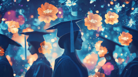 Graduating students in caps and gowns celebrate their achievements amidst vibrant floral patterns. The atmosphere is colorful and festive, capturing a moment of joy and success.の素材