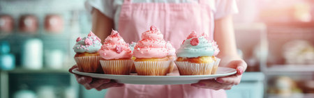 A baker proudly presents a tray filled with beautifully decorated cupcakes, showcasing pastel colors and sprinkles. The bright kitchen enhances the cheerful atmosphere of the moment.の素材