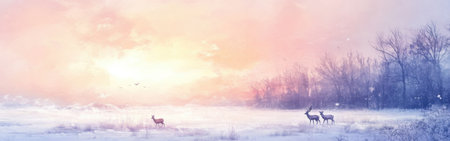 A tranquil snowy field is illuminated by a soft pink sunrise. A group of deer grazes peacefully, surrounded by a serene landscape with trees in the distance.の素材