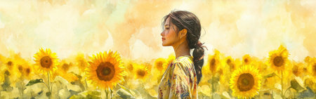 A young woman dressed in traditional attire stands in a sunflower field, showcasing beauty and grace in a vibrant setting filled with blooming sunflowers under a soft watercolor sky.の素材
